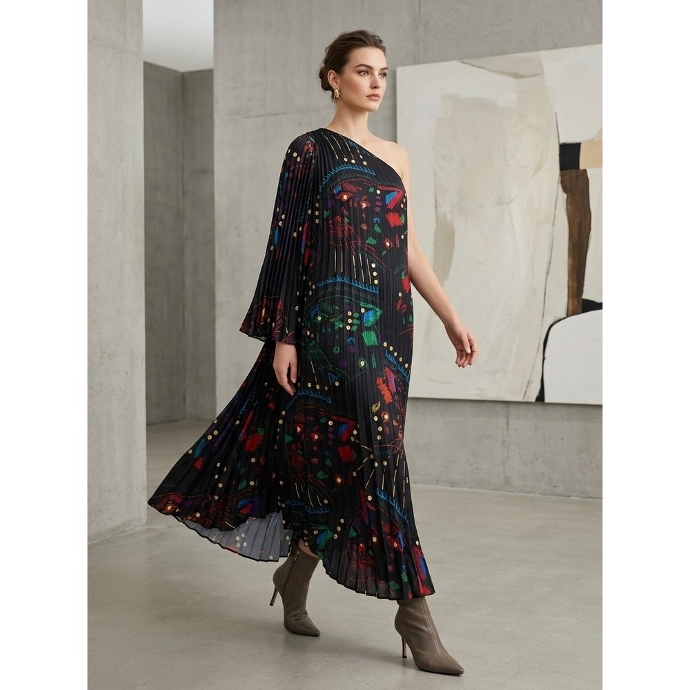 One Shoulder Pleated Hutch Black Abstract Print Maxi Dress Size M Medium